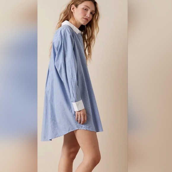 AMERICAN EAGLE AE Button Up Shirt Dress in Blue & White Pinstripe, XL - Picture 2 of 12